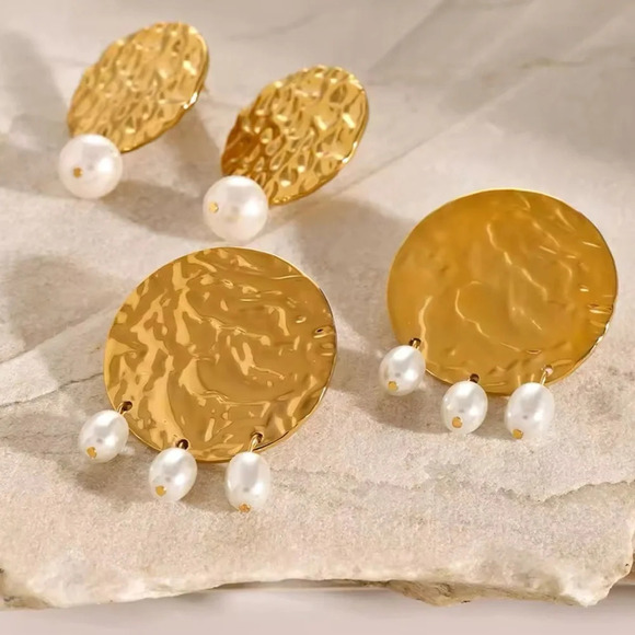 Sedona Retro Pearl Medallion 18K Gold Stainless Steel Waterproof Earrings - Picture 6 of 8